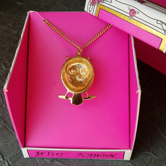 Betsey Johnson Pave` Owl Necklace Pink Gold Tone - Picture 7 of 8